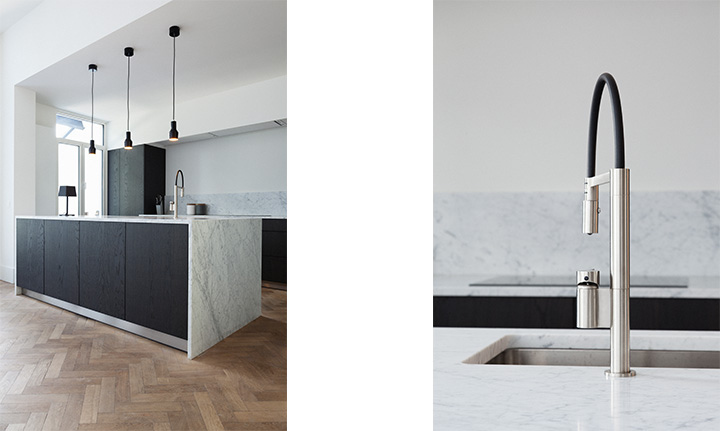 Interieurmaatwerk — keuken met eiland in marmer en gerookt eiken